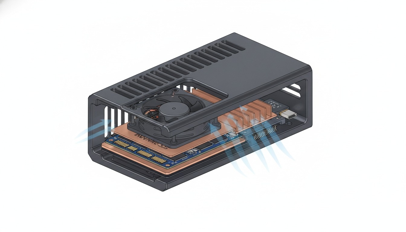 冷却ファン搭載USB4 NVMe SSDケースの構造イメージ(Gemini生成・実機写真ではありません)